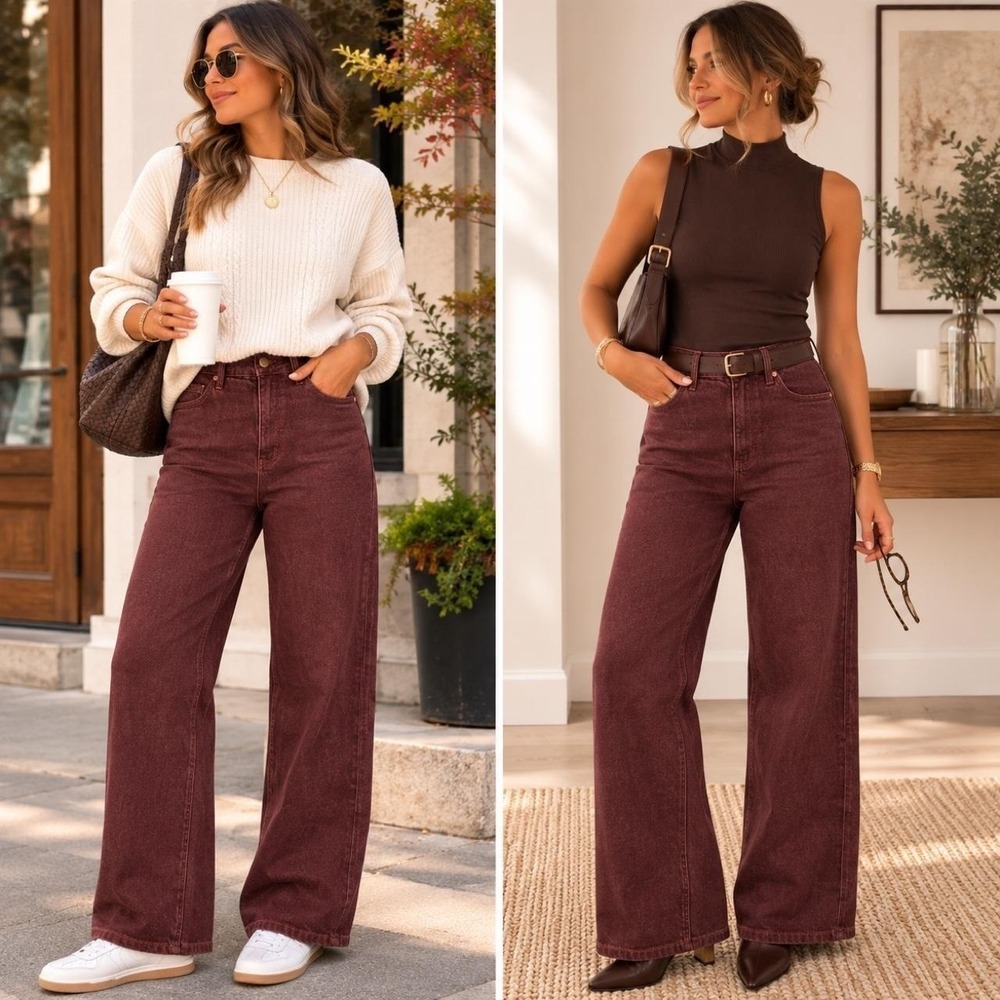 Judy Blue Retro Wide High Waist Jeans Women 11/30 Burgundy NWT Boho Fall Western
